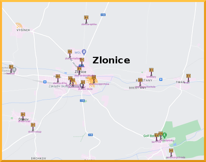 Orientační umístění přístupových bodů bezdrátového internetu skvely.net pro Zlonice
